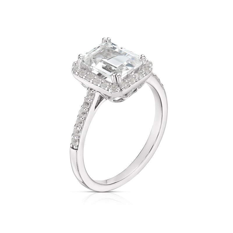 Main Image 2 of Sterling Silver Created White Sapphire Emerald Shape Halo Ring