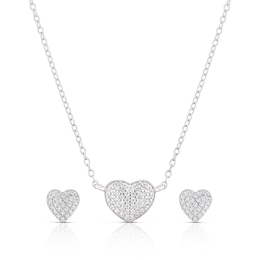 Sterling Silver Cubic Zirconia Pave Heart Pendant & Earring Set