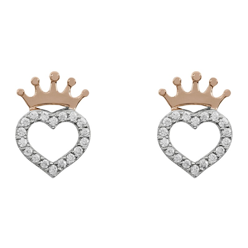 Main Image 1 of Disney Sterling Silver & 18ct Gold Plated Cubic Zirconia Crown Heart Stud Earrings