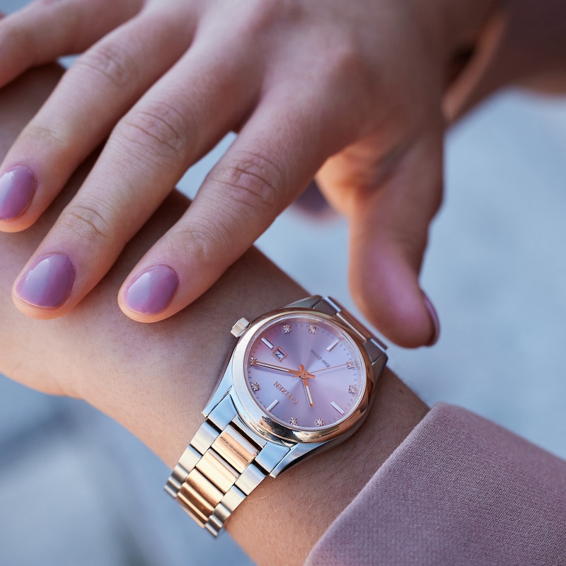 Citizen Diamond Ladies' Eco-Drive Pink Dial Two Tone Bracelet Watch