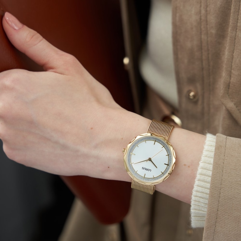 Lorus Ladies' 36mm Fluted Bezel Gold Tone Mesh Bracelet Watch