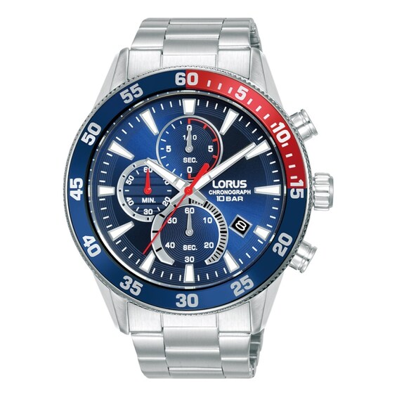 Lorus Mens 45mm Chronograph Blue Dial Stainless Steel Bracel