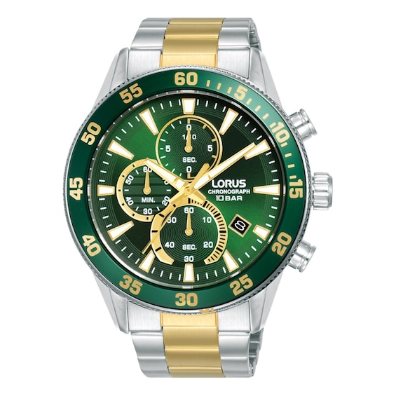 Lorus Mens 45mm Green Dial Chronograph Two Tone Bracelet