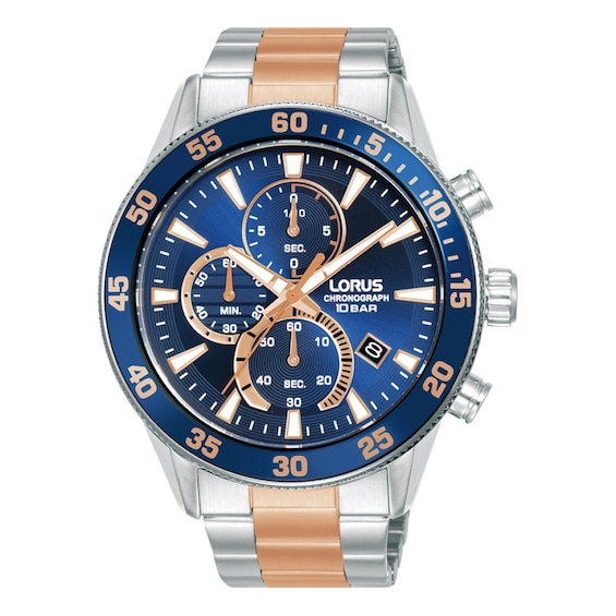 Lorus Mens 45mm Blue Dial Chronograph Two Tone Bracelet Watc