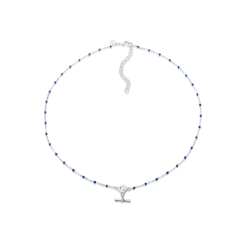 Main Image 2 of Sterling Silver Blue Bead Mini T-Bar Pendant Choker Necklace