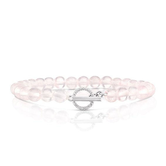 Sterling Silver Rose Quartz Beaded T-Bar Bracelet