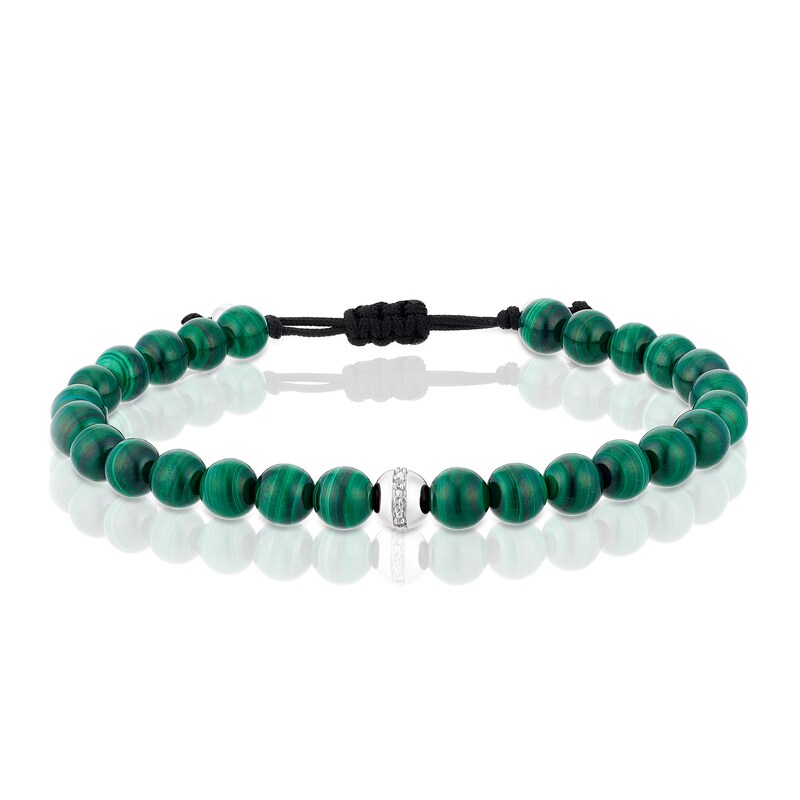 Main Image 1 of Sterling Silver Malachite Adjustable Beaded Bracelet