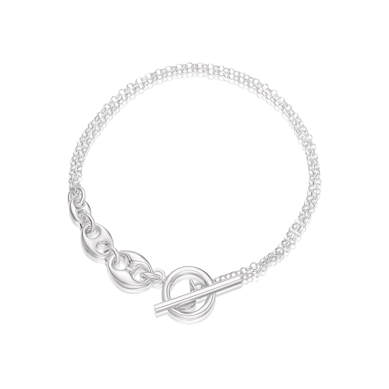 Sterling Silver Graduated Anchor Double Row T-Bar Chain Bracelet