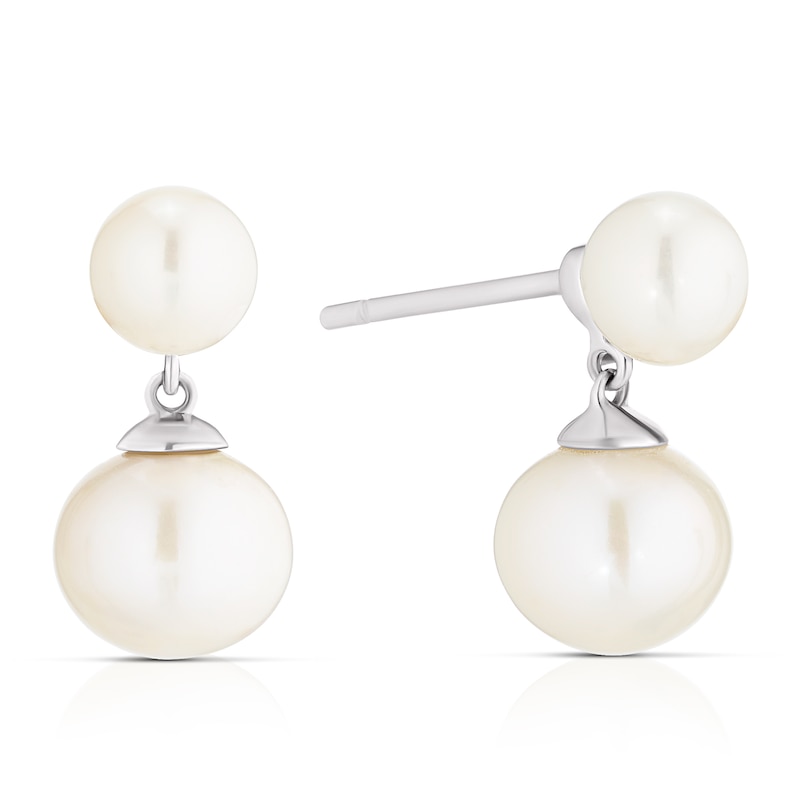 Sterling Silver Double Cultured Freshwater Pearl Drop Earrings | H.Samuel