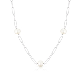 Sterling Silver Cultured Freshwater Pearl Station Paper Link Chain Necklace