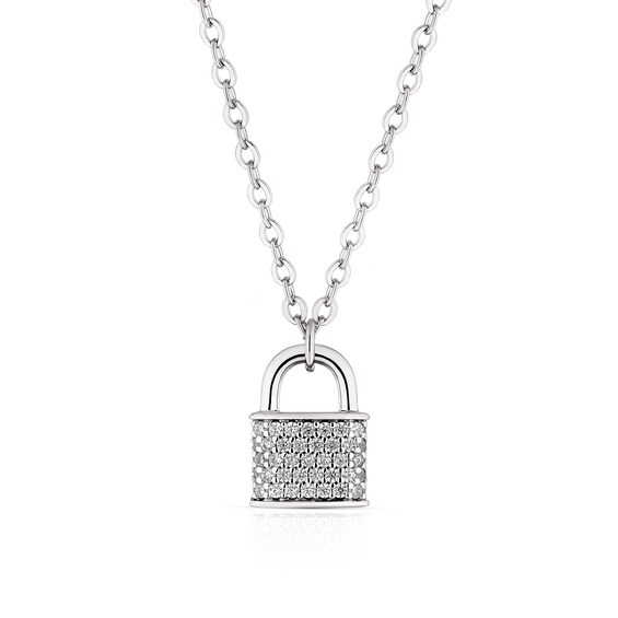 Sterling Silver Small Cubic Zirconia Padlock Pendant Necklac