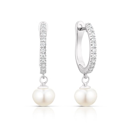 Sterling Silver Cubic Zirconia Cultured Freshwater Pearl Drop Hoop Earrings