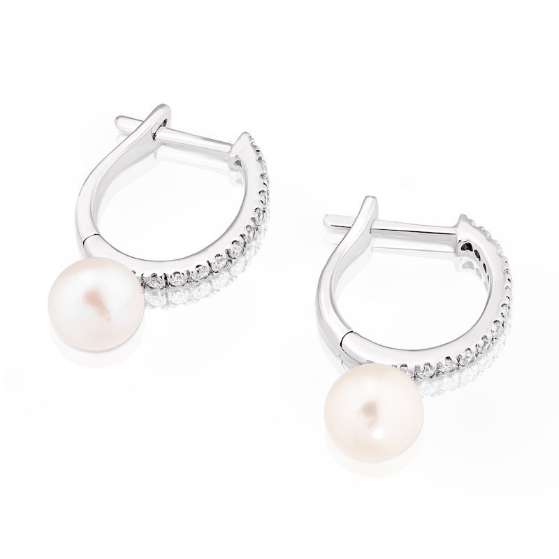 Main Image 2 of Sterling Silver Cubic Zirconia Cultured Freshwater Pearl Drop Hoop Earrings
