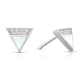 Sterling Silver Half Cubic Zirconia & Mother Of Pearl Triangle Stud Earrings