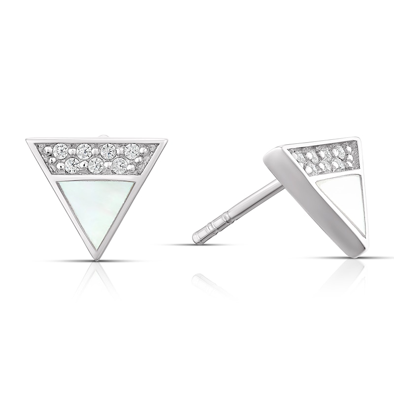 Sterling Silver Half Cubic Zirconia & Mother Of Pearl Triangle Stud Earrings