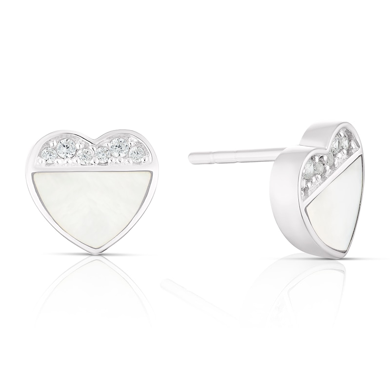 Sterling Silver Half Cubic Zirconia & Mother Of Pearl Stud Earrings