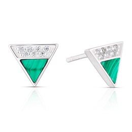 Sterling Silver Half Cubic Zirconia & Malachite Triangle Stud Earrings