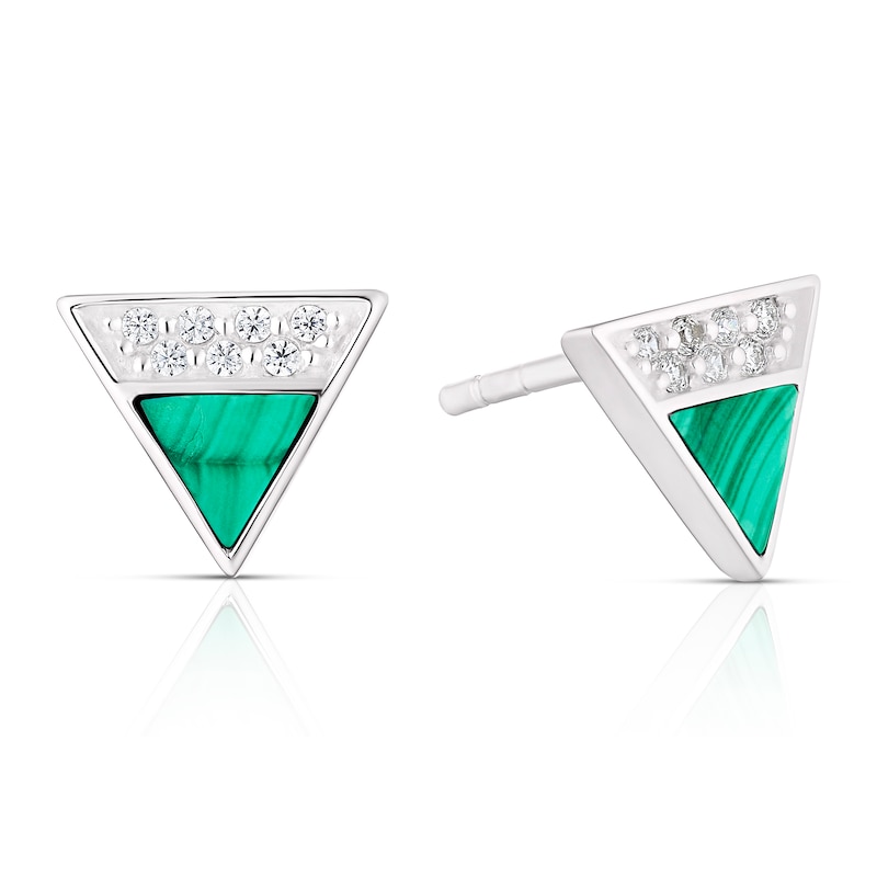 Main Image 1 of Sterling Silver Half Cubic Zirconia & Malachite Triangle Stud Earrings
