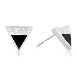Sterling Silver Half Cubic Zirconia & Onyx Triangle Stud Earrings