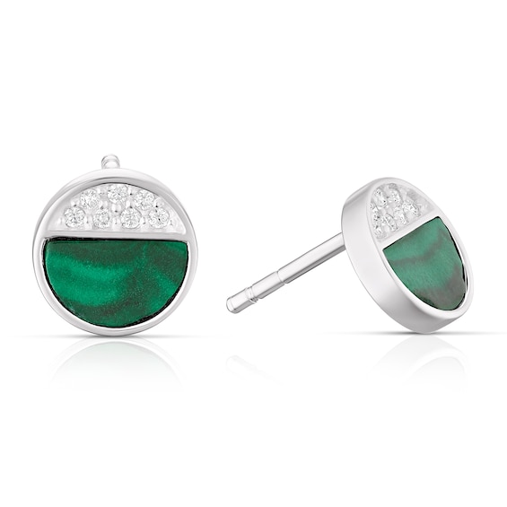 Sterling Silver Half Cubic Zirconia and Malachite Circle Stu