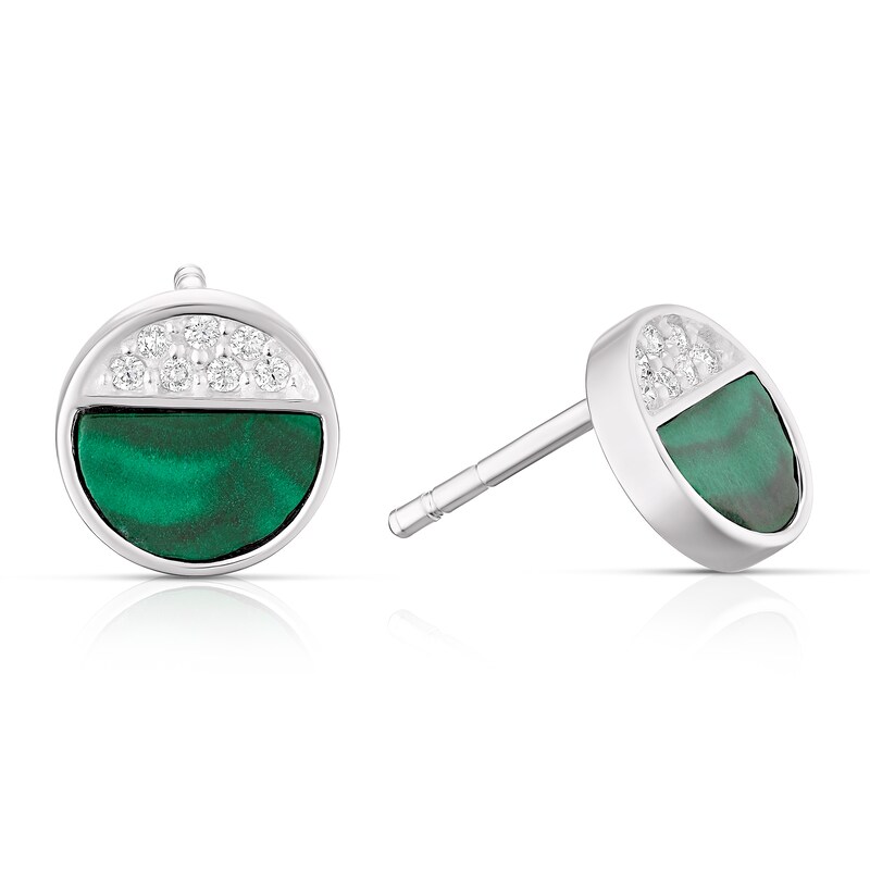 Sterling Silver Half Cubic Zirconia & Malachite Circle Stud Earrings