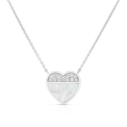 Sterling Silver Half Cubic Zirconia & Mother of Pearl Heart Pendant Necklace
