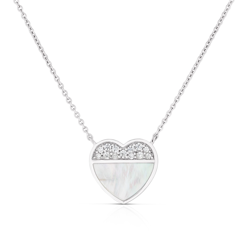 Sterling Silver Half Cubic Zirconia & Mother of Pearl Heart Pendant Necklace