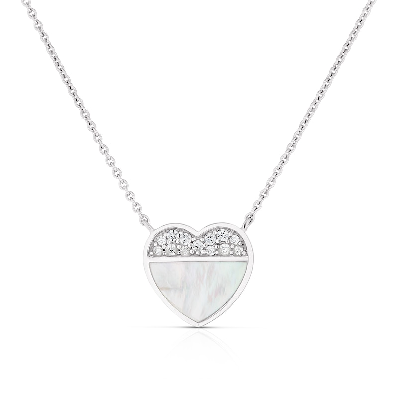 Main Image 1 of Sterling Silver Half Cubic Zirconia & Mother of Pearl Heart Pendant Necklace