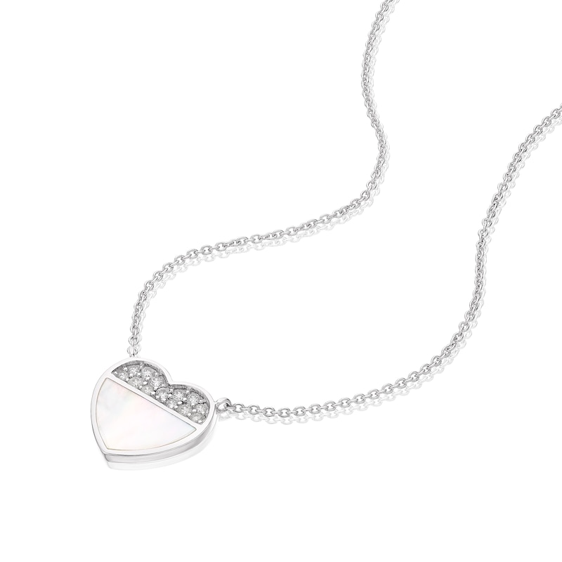 Sterling Silver Half Cubic Zirconia & Mother of Pearl Heart Pendant Necklace