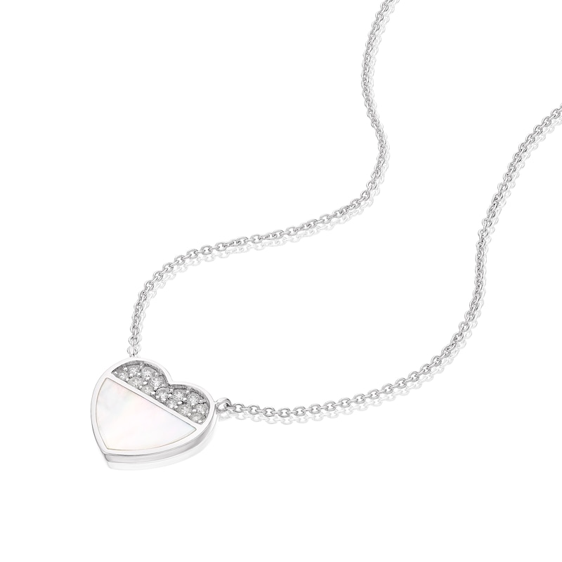 Main Image 2 of Sterling Silver Half Cubic Zirconia & Mother of Pearl Heart Pendant Necklace