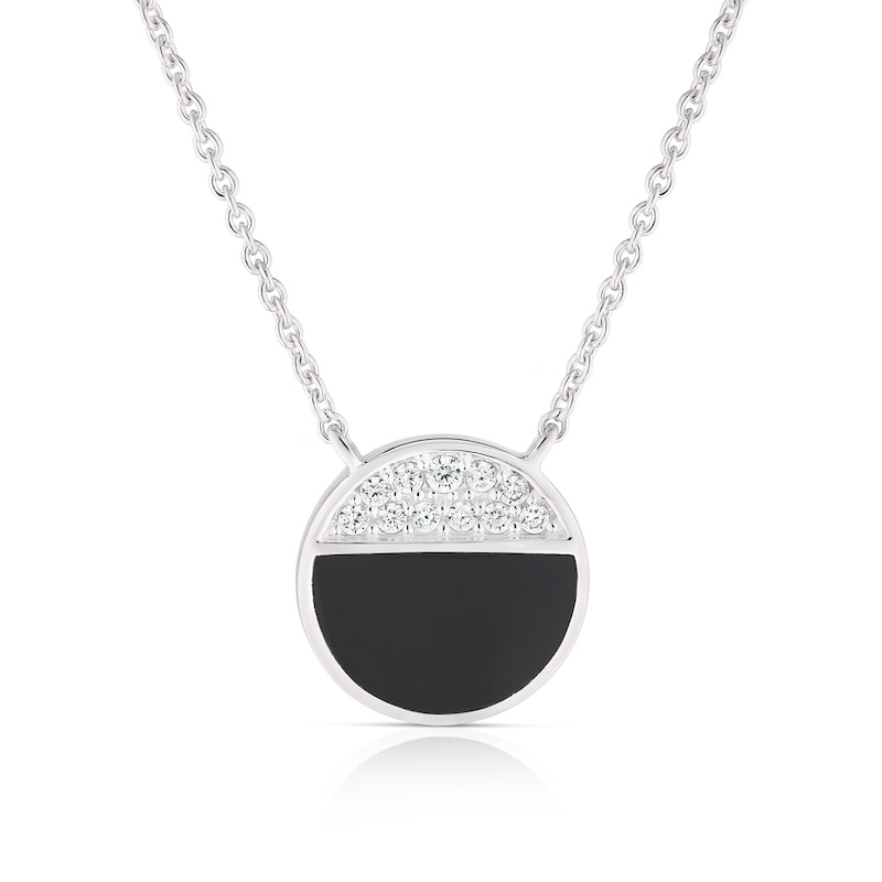 Sterling Silver Half Cubic Zirconia & Onyx Half Circle Pendant Necklace