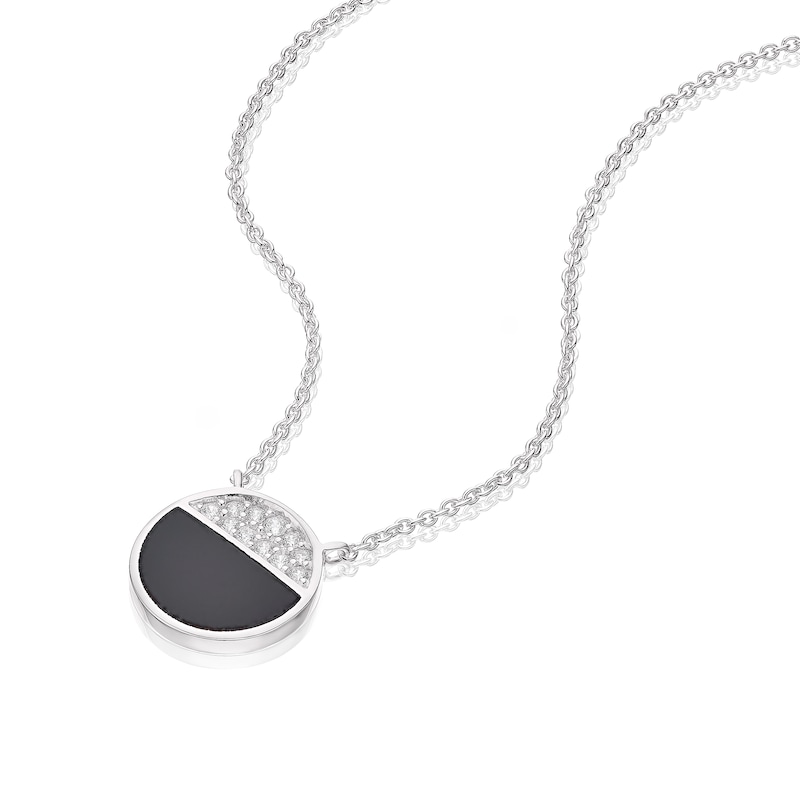 Sterling Silver Half Cubic Zirconia & Onyx Half Circle Pendant Necklace