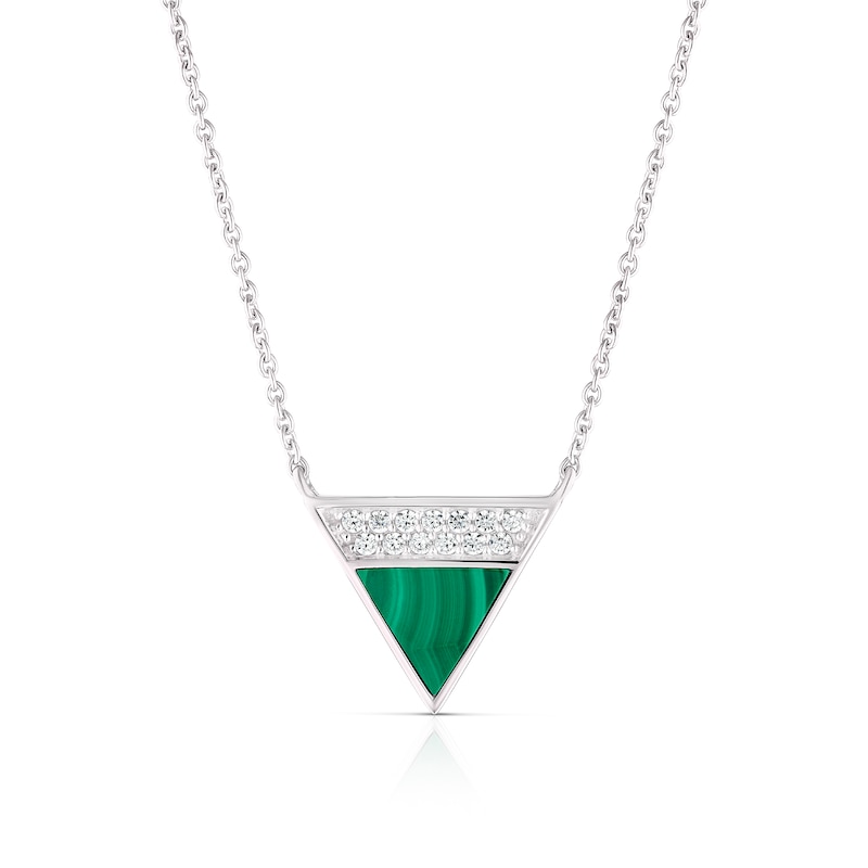 Sterling Silver Half Cubic Zirconia & Malachite Triangle Pendant Necklace