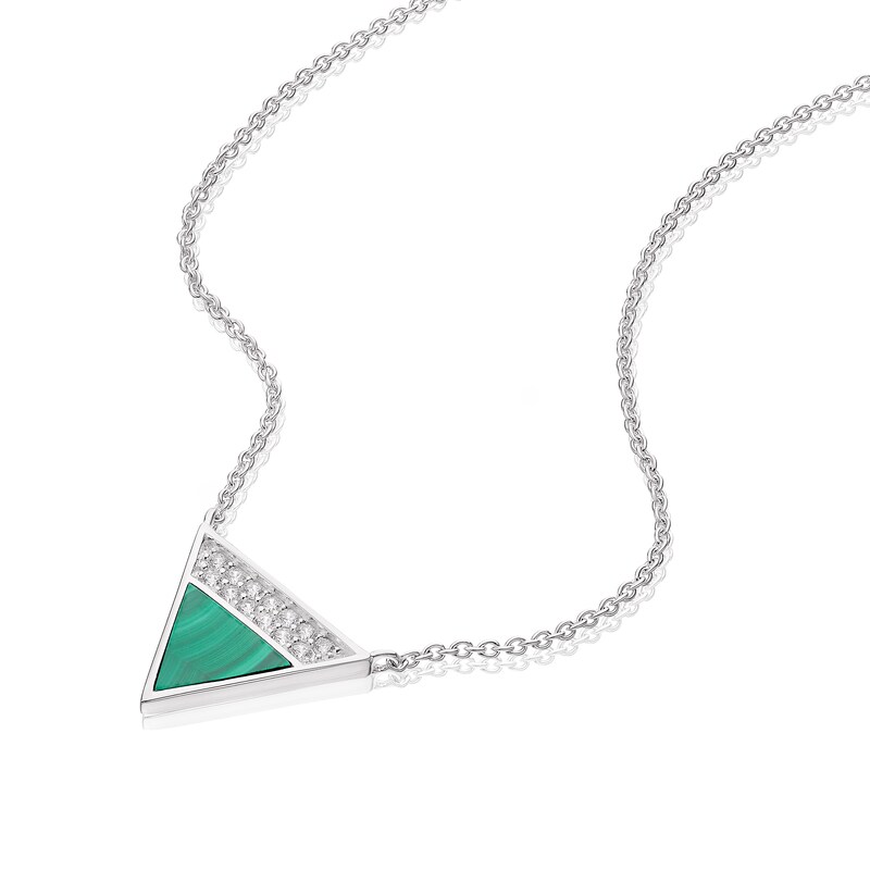 Main Image 2 of Sterling Silver Half Cubic Zirconia & Malachite Triangle Pendant Necklace