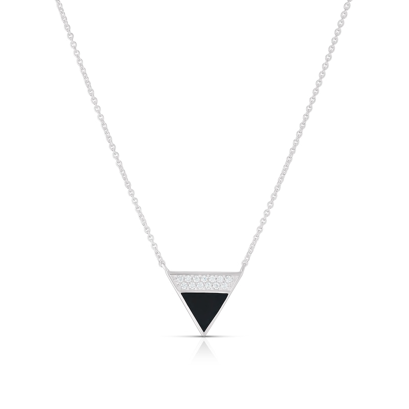 Main Image 1 of Sterling Silver Half Cubic Zirconia & Onyx Triangle Pendant Necklace