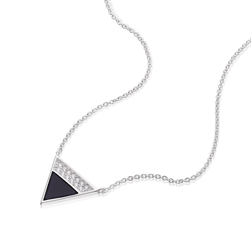 Main Image 2 of Sterling Silver Half Cubic Zirconia & Onyx Triangle Pendant Necklace