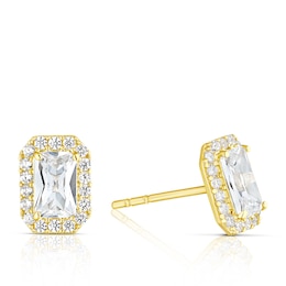 9ct Yellow Gold Rectangle Cubic Zirconia Halo Stud Earrings