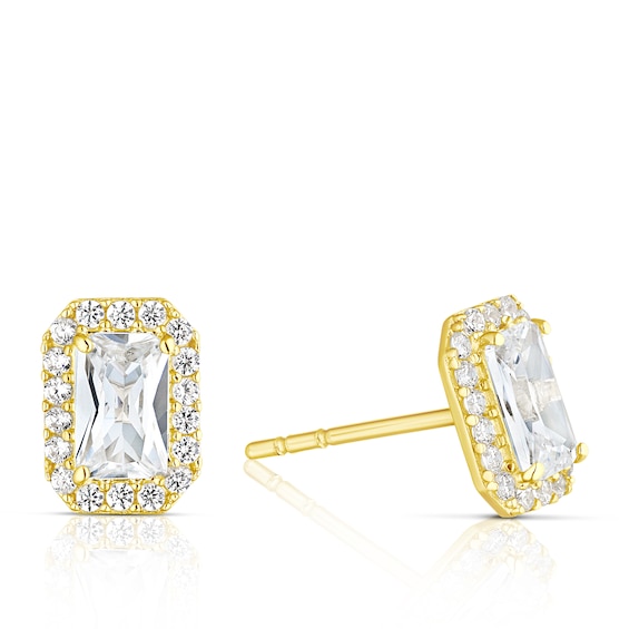 9ct Yellow Gold Rectangle Cubic Zirconia Halo Stud Earrings