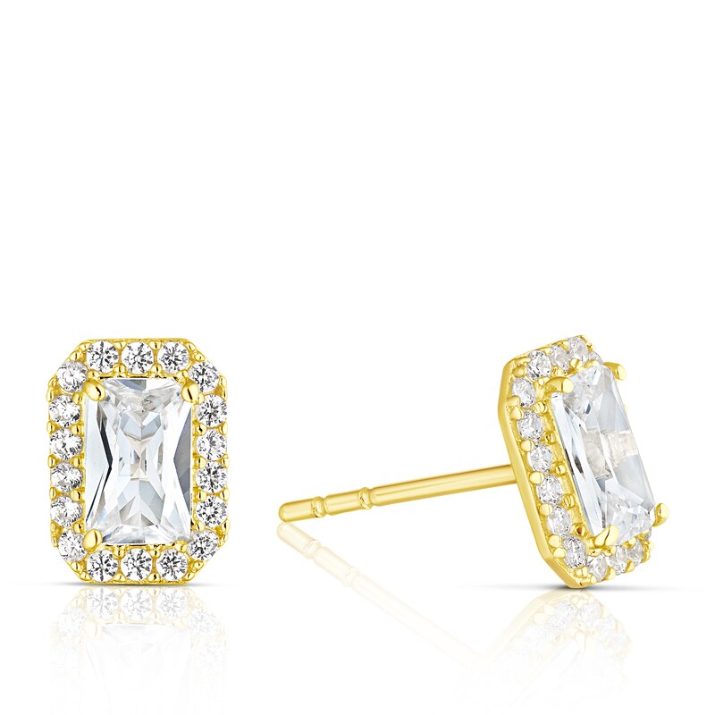 Main Image 1 of 9ct Yellow Gold Rectangle Cubic Zirconia Halo Stud Earrings