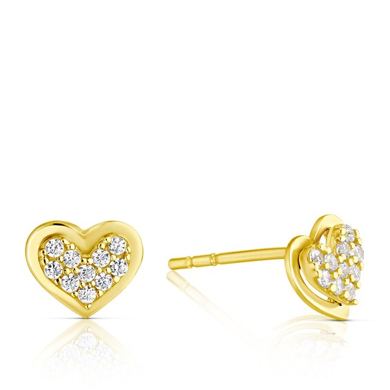 9ct Yellow Gold Cubic Zirconia Pave Heart Stud Earrings