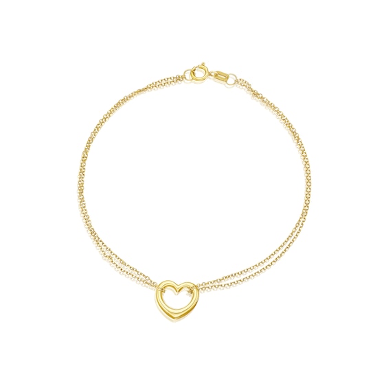 9ct Yellow Gold Double Chain Heart Charm Bracelet H.Samuel
