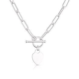 Sterling Silver Flat Shiny Heart T-Bar Pendant Paper link Chain Necklace