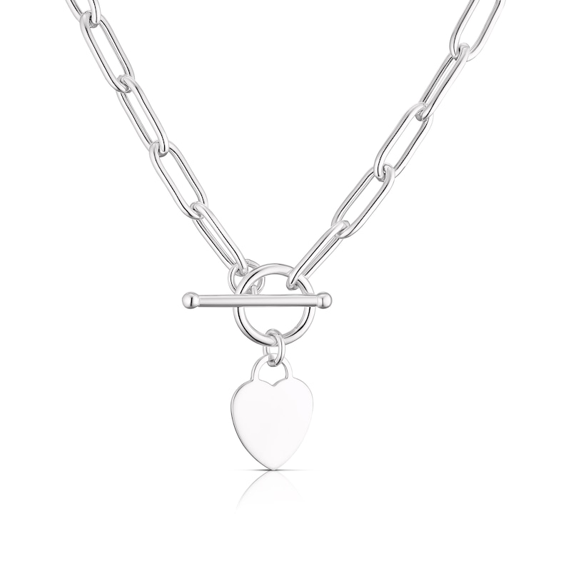Main Image 1 of Sterling Silver Flat Shiny Heart T-Bar Pendant Paper link Chain Necklace