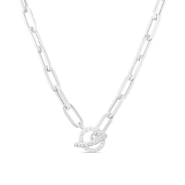 Sterling Silver Cubic Zirconia T-Bar Paper link Chain Necklace