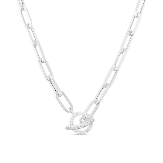 Sterling Silver Cubic Zirconia T-Bar Paper link Chain Neckla