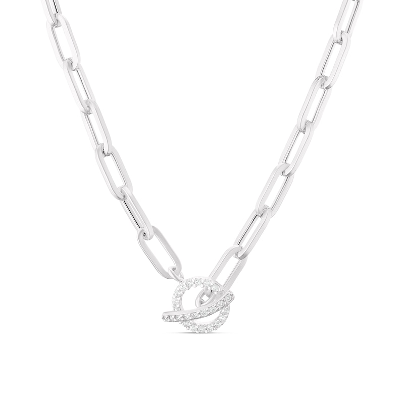 Main Image 1 of Sterling Silver Cubic Zirconia T-Bar Paper link Chain Necklace