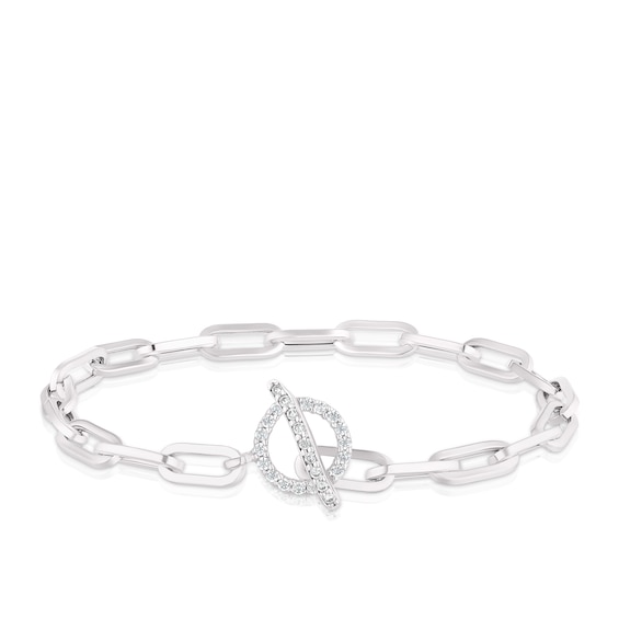 Sterling Silver Cubic Zirconia T-Bar Paper link Bracelet