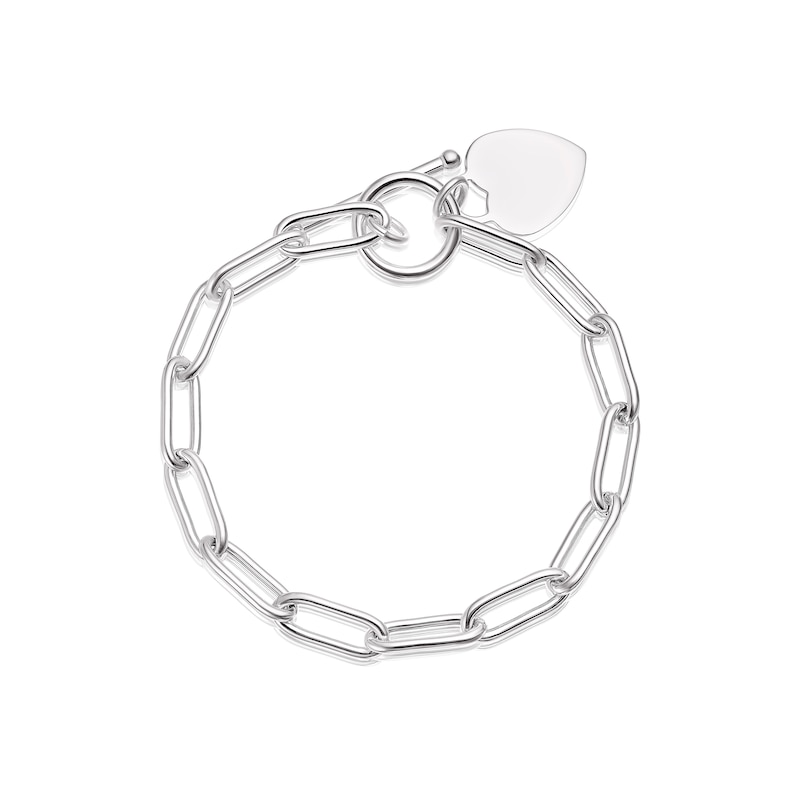 Sterling Silver Flat Shiny Heart T-Bar Paper link Bracelet