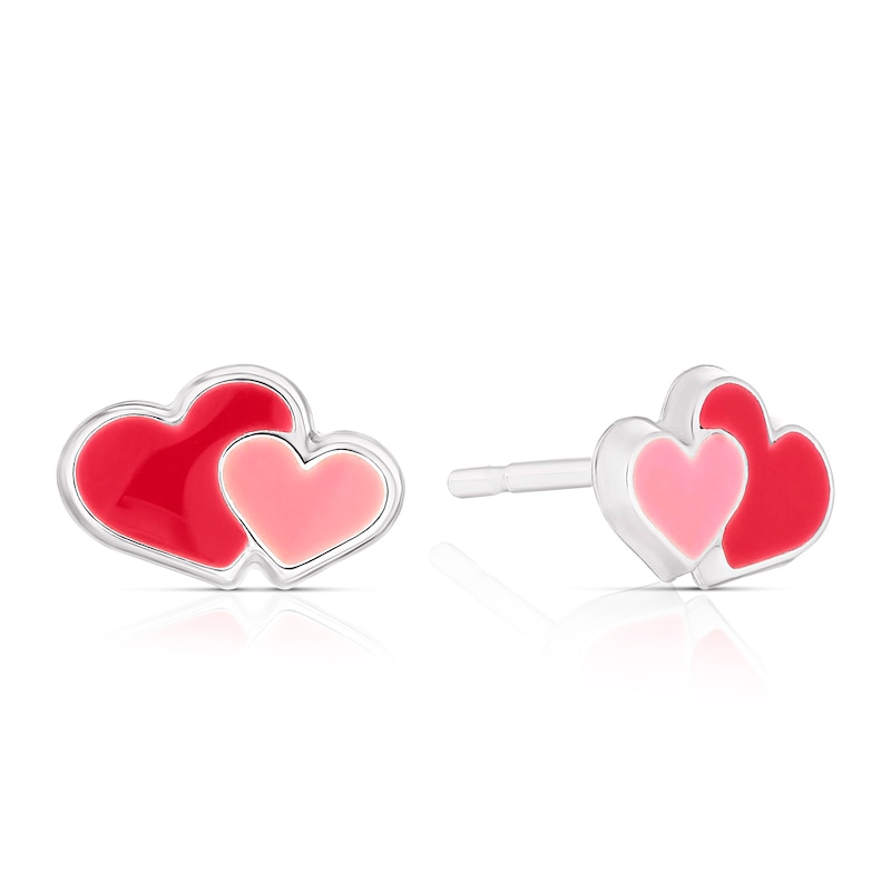 Main Image 1 of Children's Sterling Silver Pink Enamel Double Heart Stud Earrings
