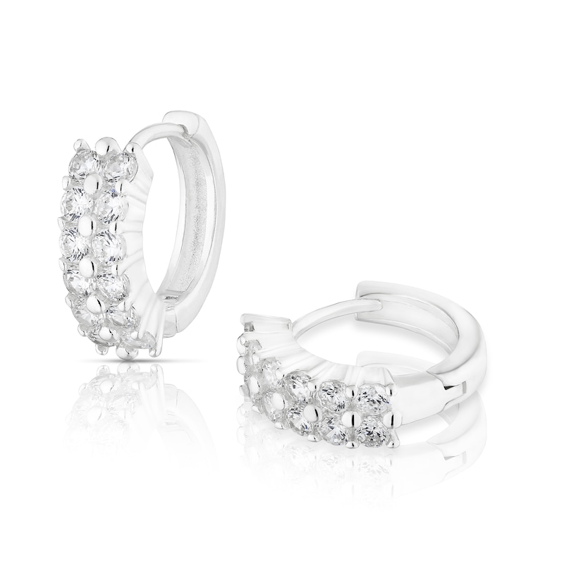 Sterling Silver Cubic Zirconia Double Row Huggie Hoop Earrings